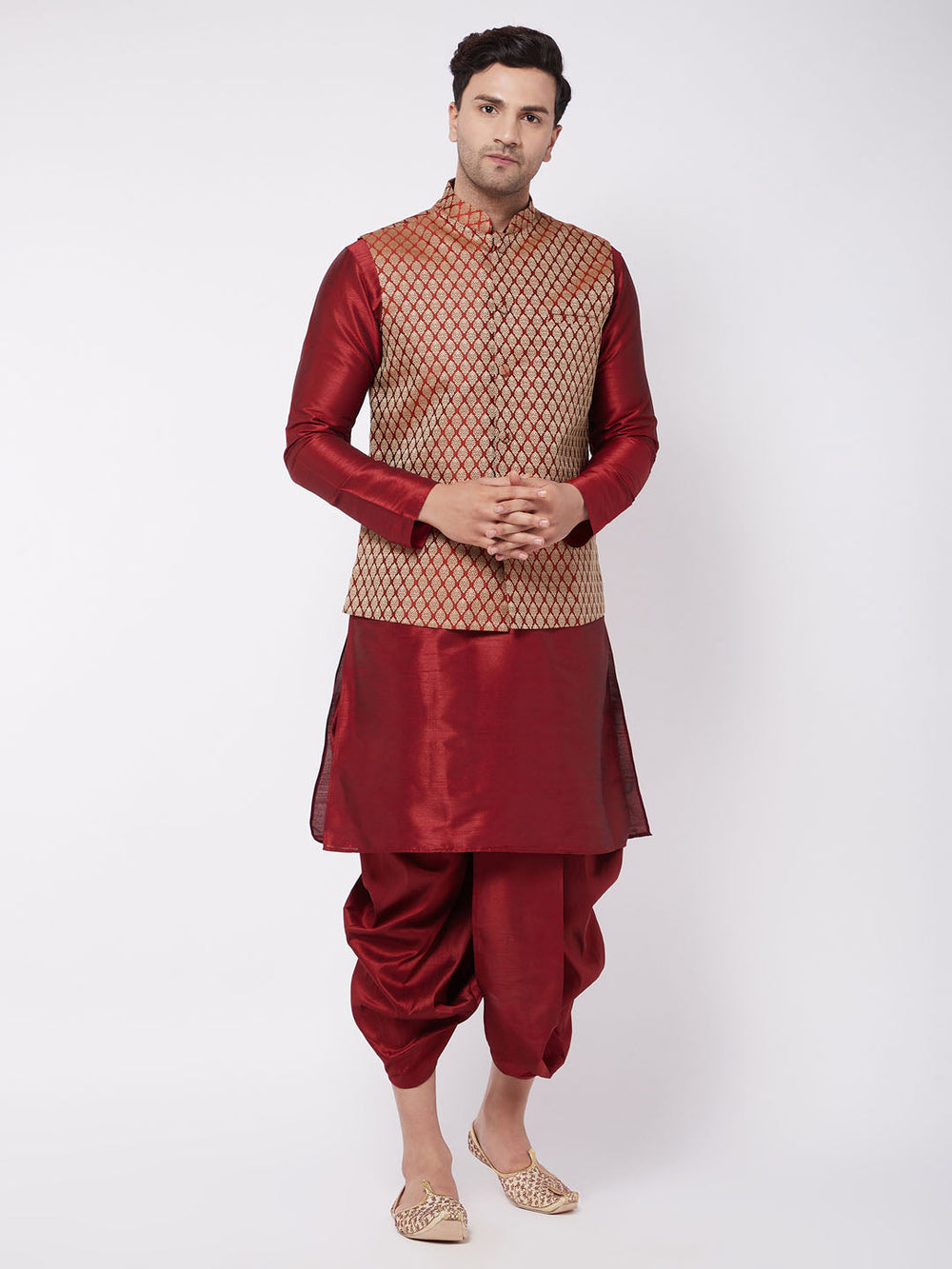 Sarvati Men's Maroon Silk Blend Jacket With Kurta Dhoti Set