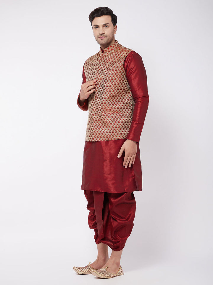 Sarvati Men's Maroon Silk Blend Jacket With Kurta Dhoti Set