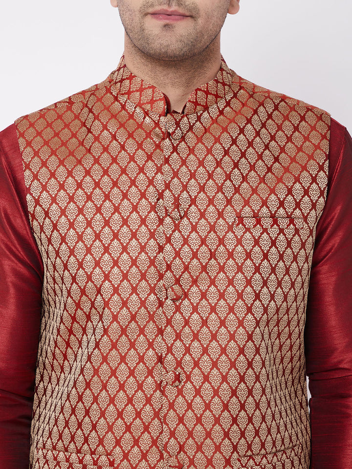 Sarvati Men's Maroon Silk Blend Jacket With Kurta Dhoti Set