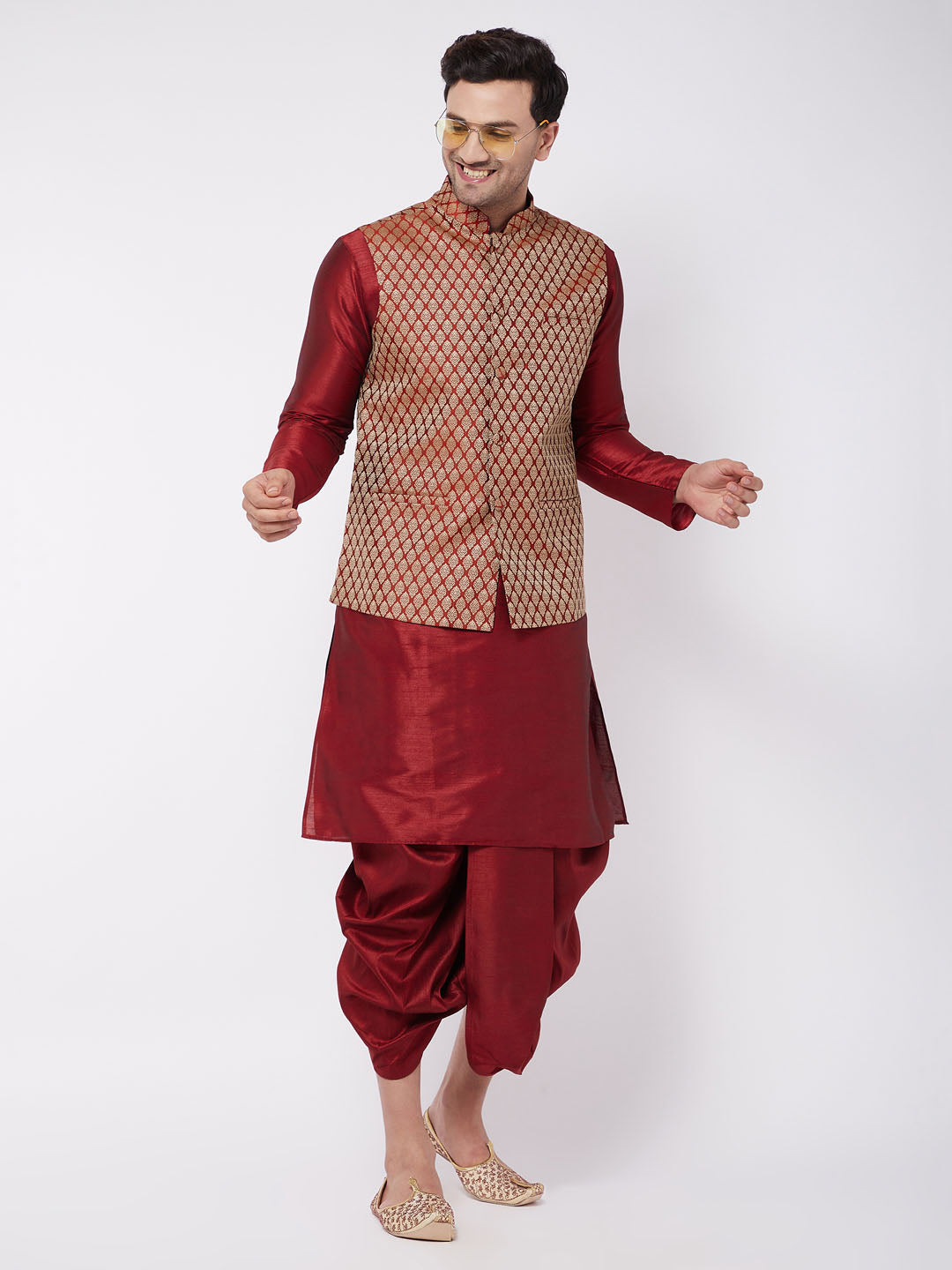 Sarvati Men's Maroon Silk Blend Jacket With Kurta Dhoti Set