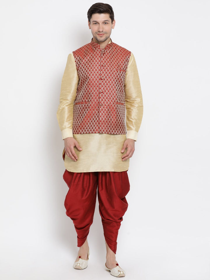 Sarvati Men's Maroon Silk Blend Jacket With Curved Kurta Dhoti Set