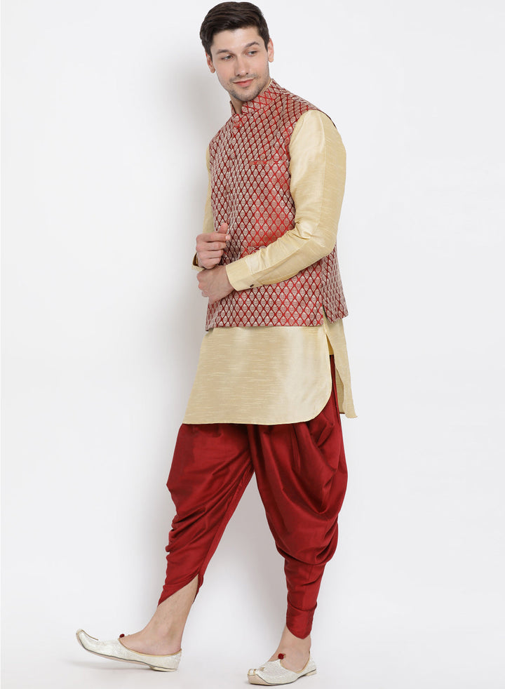 Sarvati Men's Maroon Silk Blend Jacket With Curved Kurta Dhoti Set