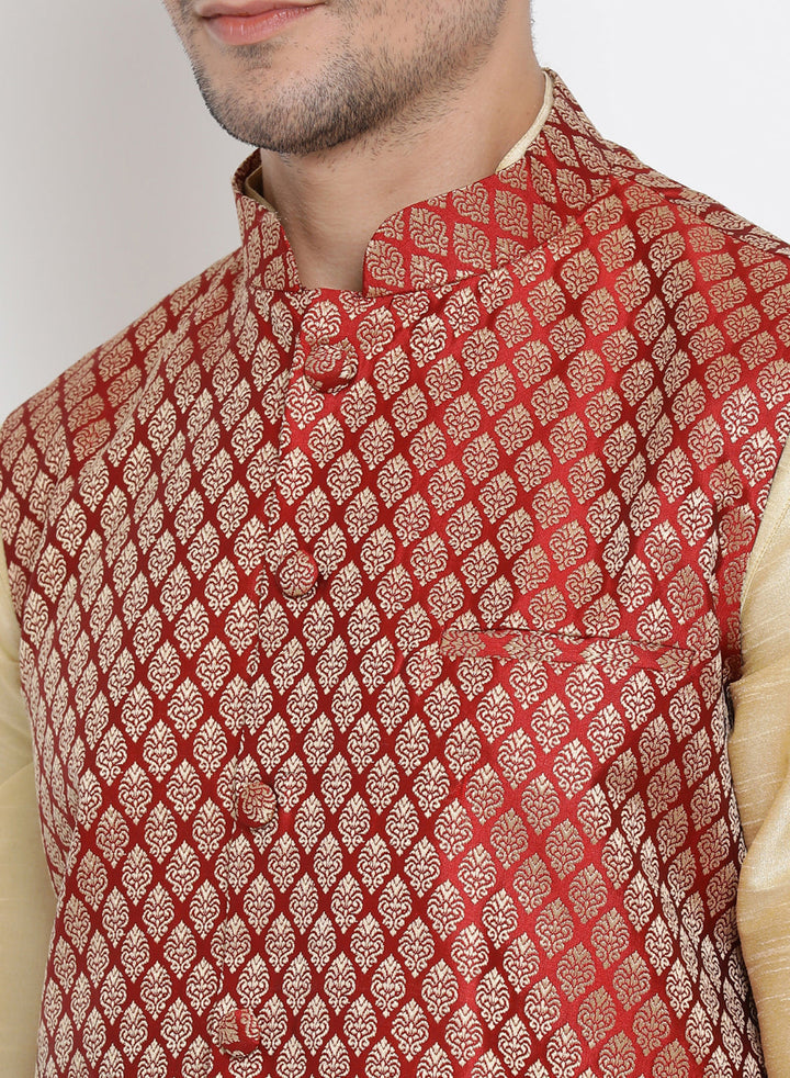 Sarvati Men's Maroon Silk Blend Jacket With Curved Kurta Dhoti Set