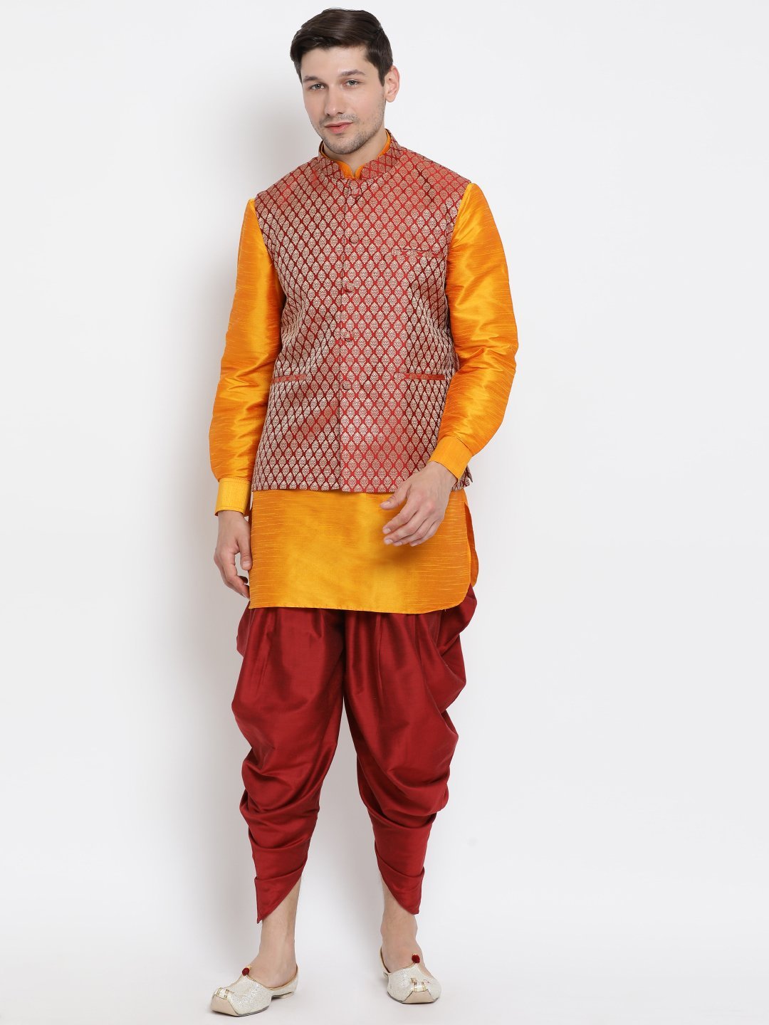 Sarvati Men's Maroon Silk Blend Jacket With Curved Kurta Dhoti Set