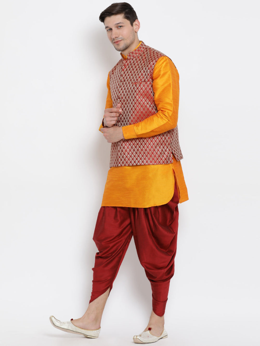 Sarvati Men's Maroon Silk Blend Jacket With Curved Kurta Dhoti Set