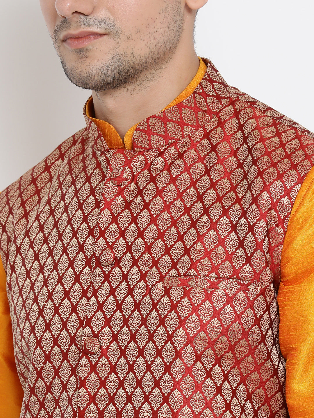 Sarvati Men's Maroon Silk Blend Jacket With Curved Kurta Dhoti Set