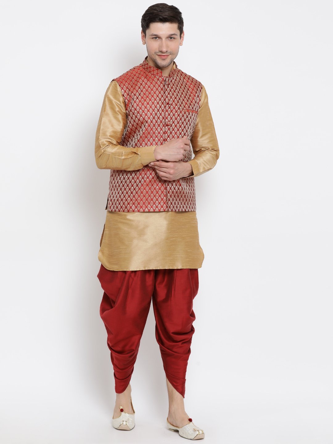 Sarvati Men's Maroon Silk Blend Jacket With Curved Kurta Dhoti Set