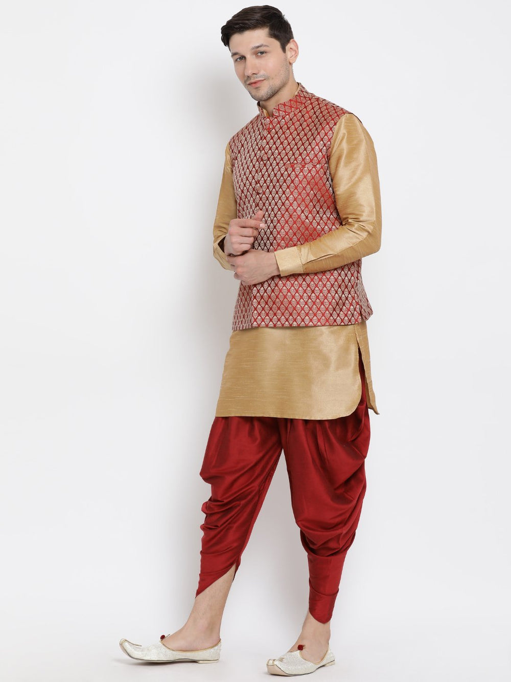 Sarvati Men's Maroon Silk Blend Jacket With Curved Kurta Dhoti Set