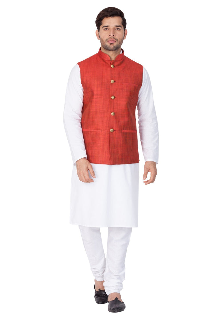 Sarvati Men's White Cotton Blend Kurta, Ethnic Jacket and Pyjama Set