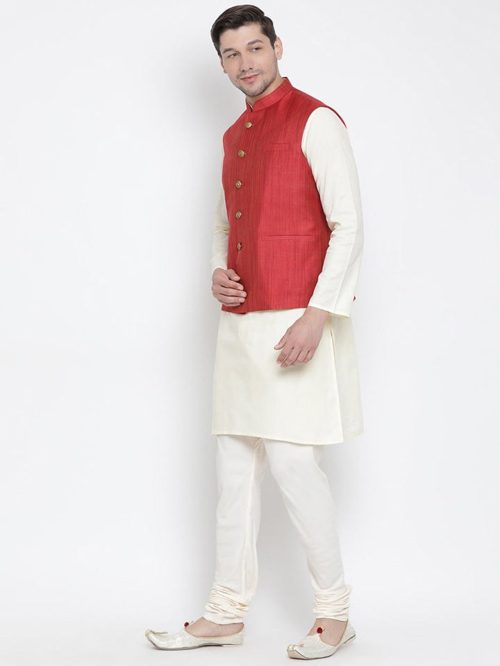 Sarvati Men's Beige Cotton Blend Kurta, Ethnic Jacket and Pyjama Set