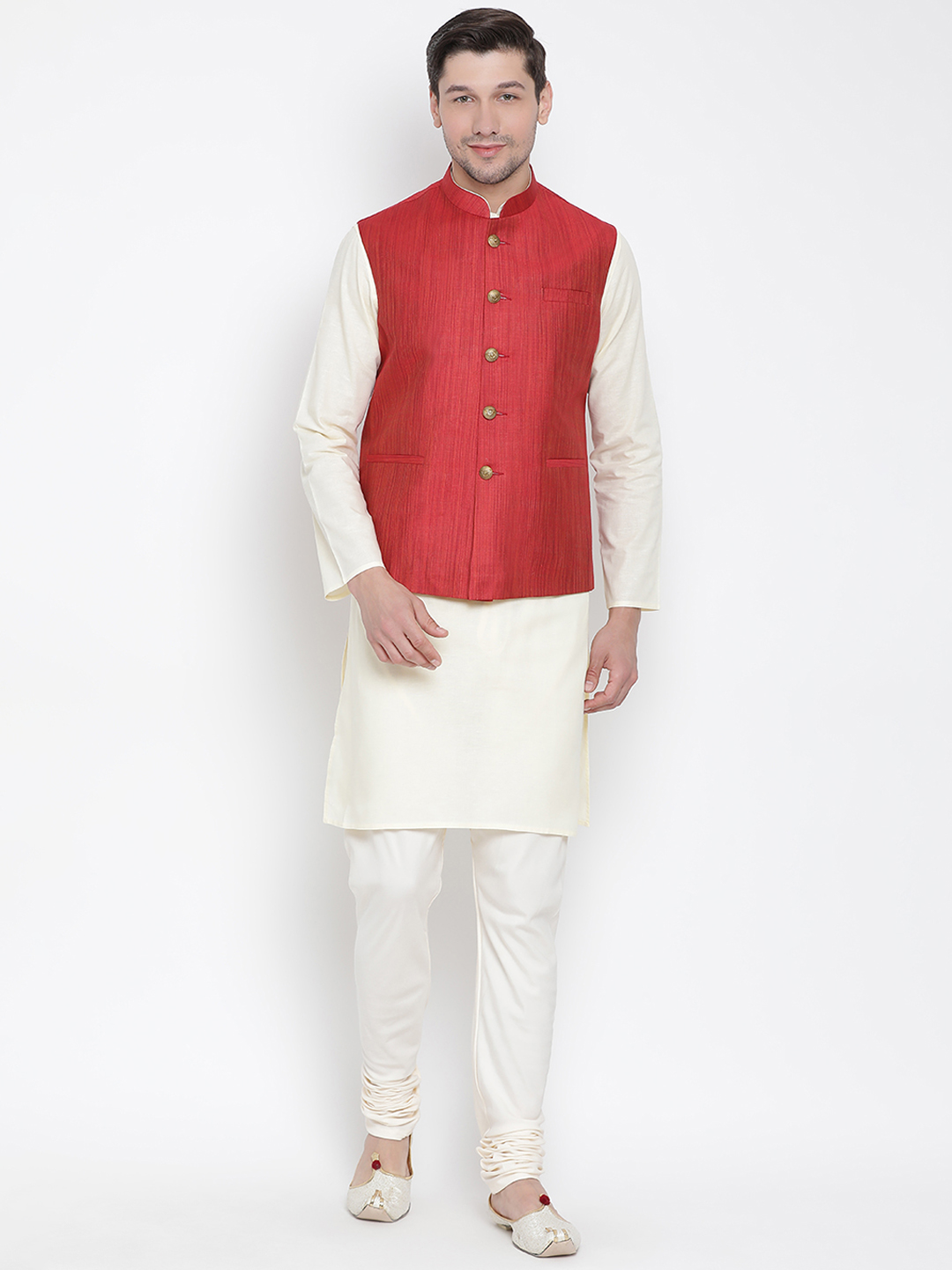 Sarvati Men's Beige Cotton Blend Kurta, Ethnic Jacket and Pyjama Set