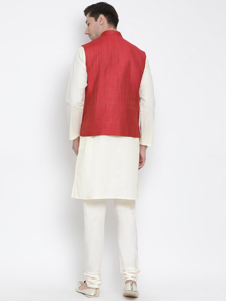 Sarvati Men's Beige Cotton Blend Kurta, Ethnic Jacket and Pyjama Set