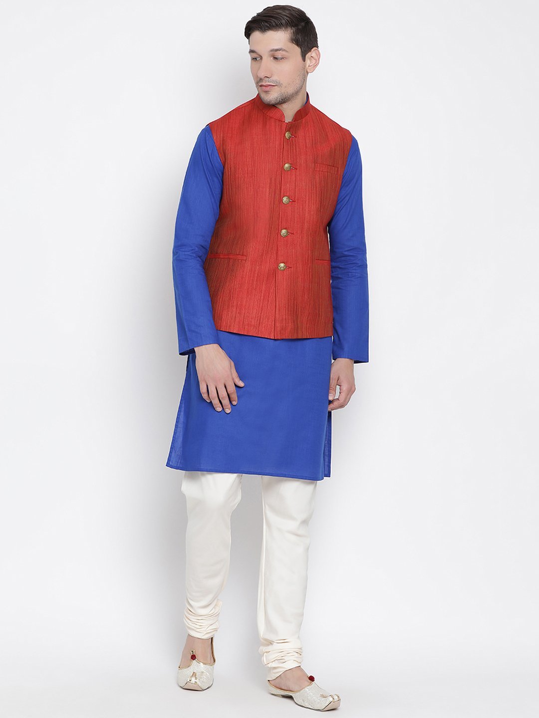 Sarvati Men's Blue Cotton Blend Kurta, Ethnic Jacket and Pyjama Set