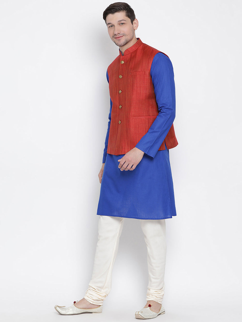 Sarvati Men's Blue Cotton Blend Kurta, Ethnic Jacket and Pyjama Set