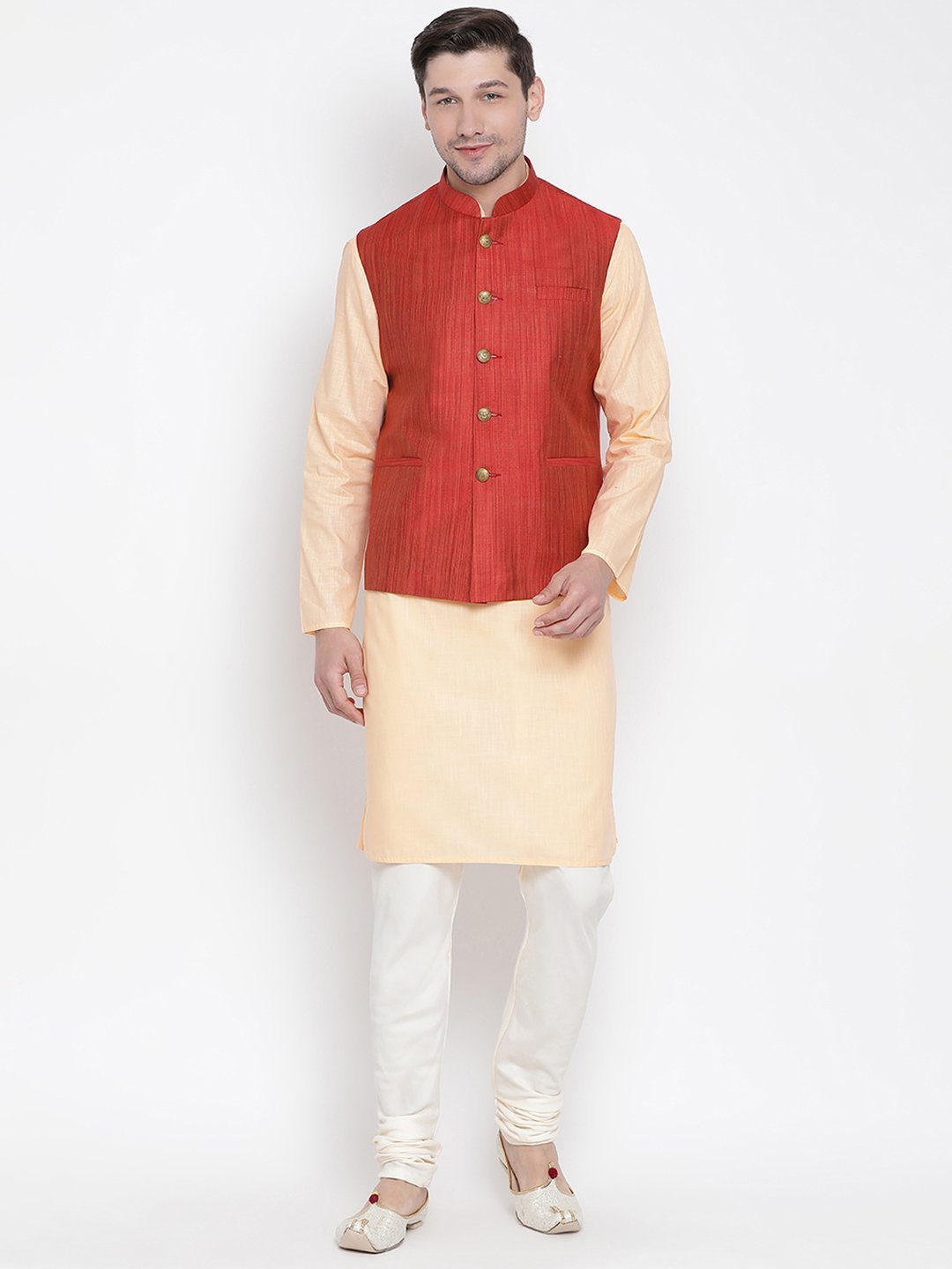 Sarvati Men's Orange Cotton Blend Kurta, Ethnic Jacket and Pyjama Set