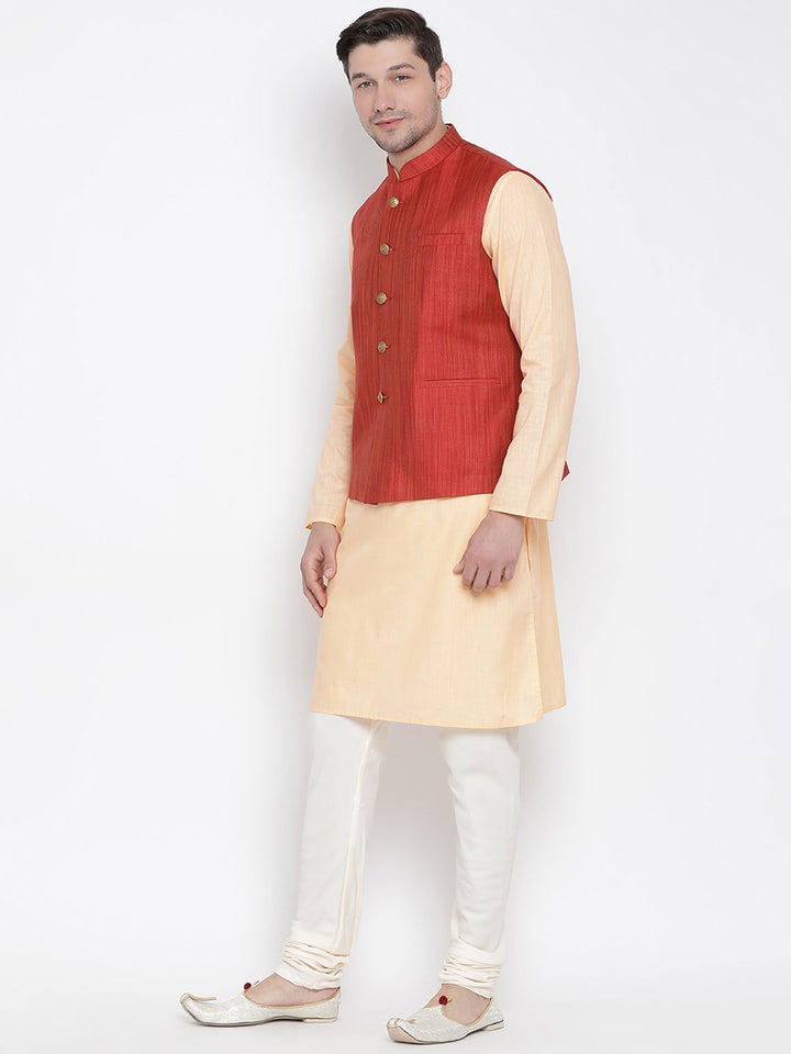 Sarvati Men's Orange Cotton Blend Kurta, Ethnic Jacket and Pyjama Set