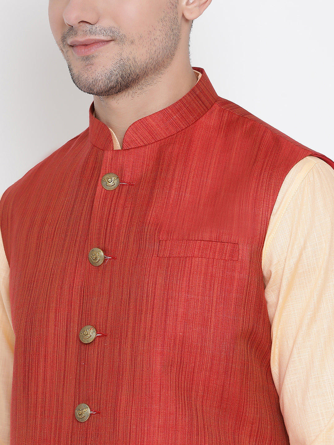 Sarvati Men's Orange Cotton Blend Kurta, Ethnic Jacket and Pyjama Set