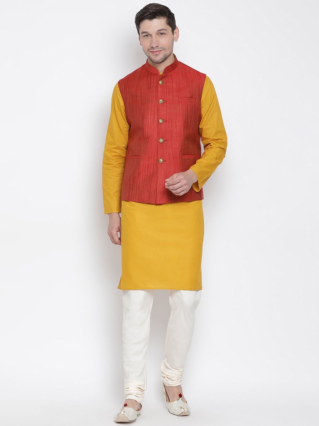 Sarvati Men's Yellow Cotton Blend Kurta, Ethnic Jacket and Pyjama Set