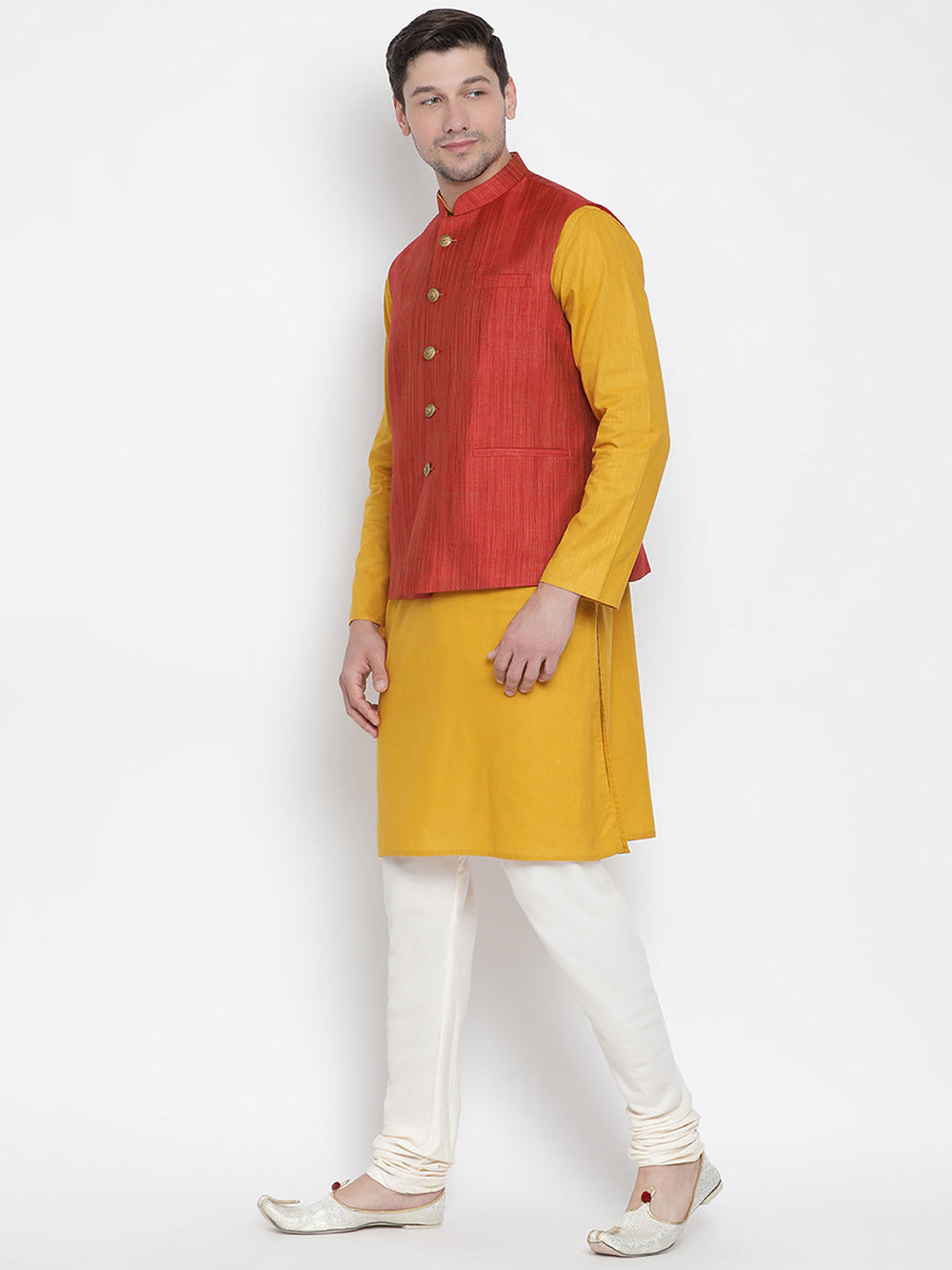 Sarvati Men's Yellow Cotton Blend Kurta, Ethnic Jacket and Pyjama Set