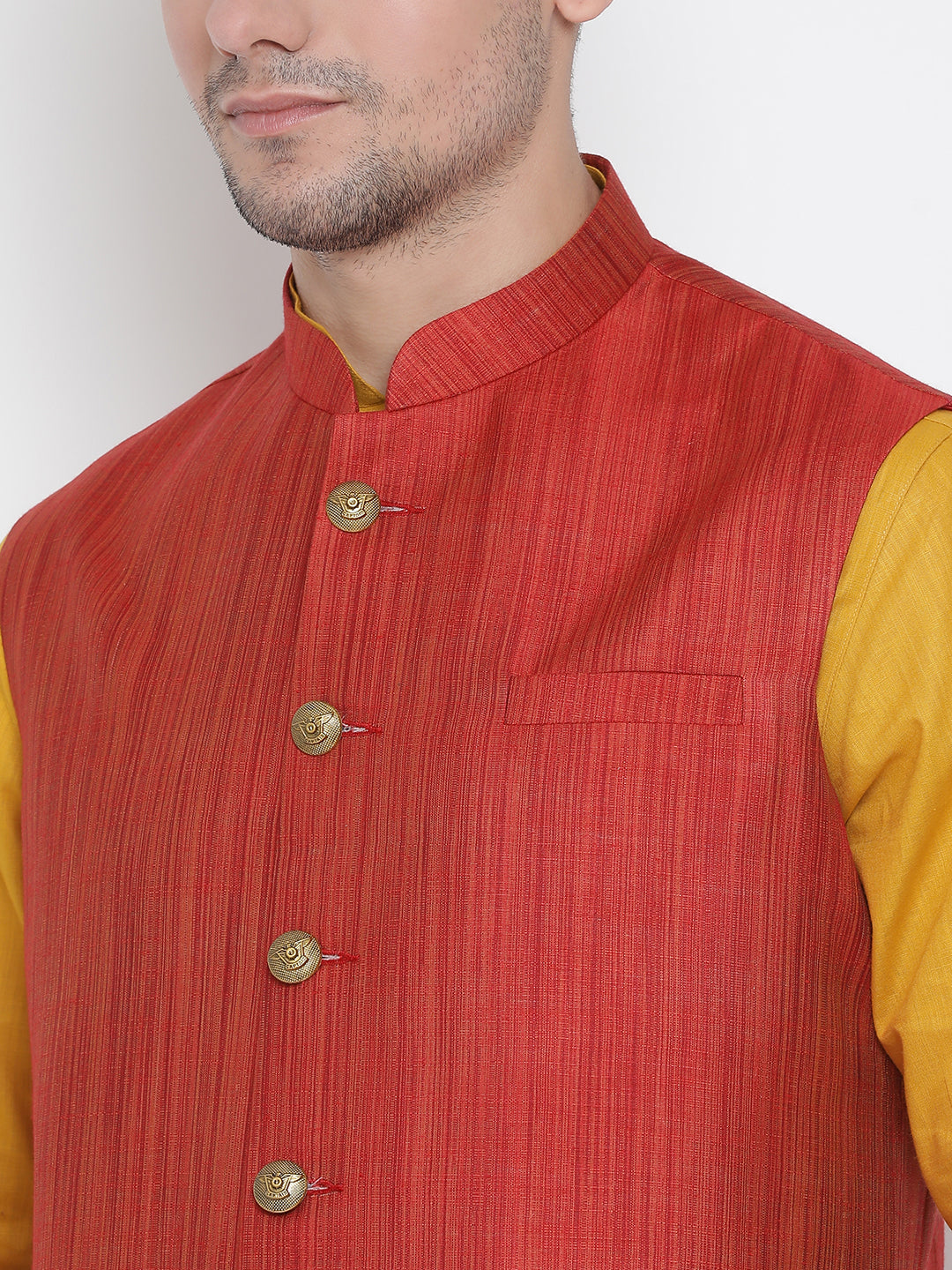 Sarvati Men's Yellow Cotton Blend Kurta, Ethnic Jacket and Pyjama Set