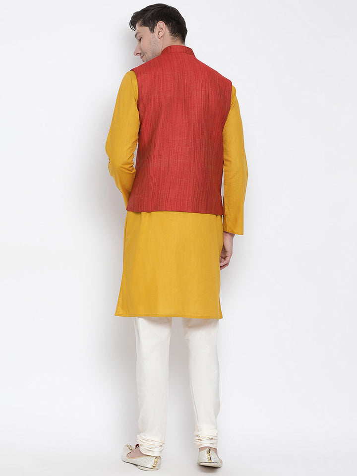 Sarvati Men's Yellow Cotton Blend Kurta, Ethnic Jacket and Pyjama Set