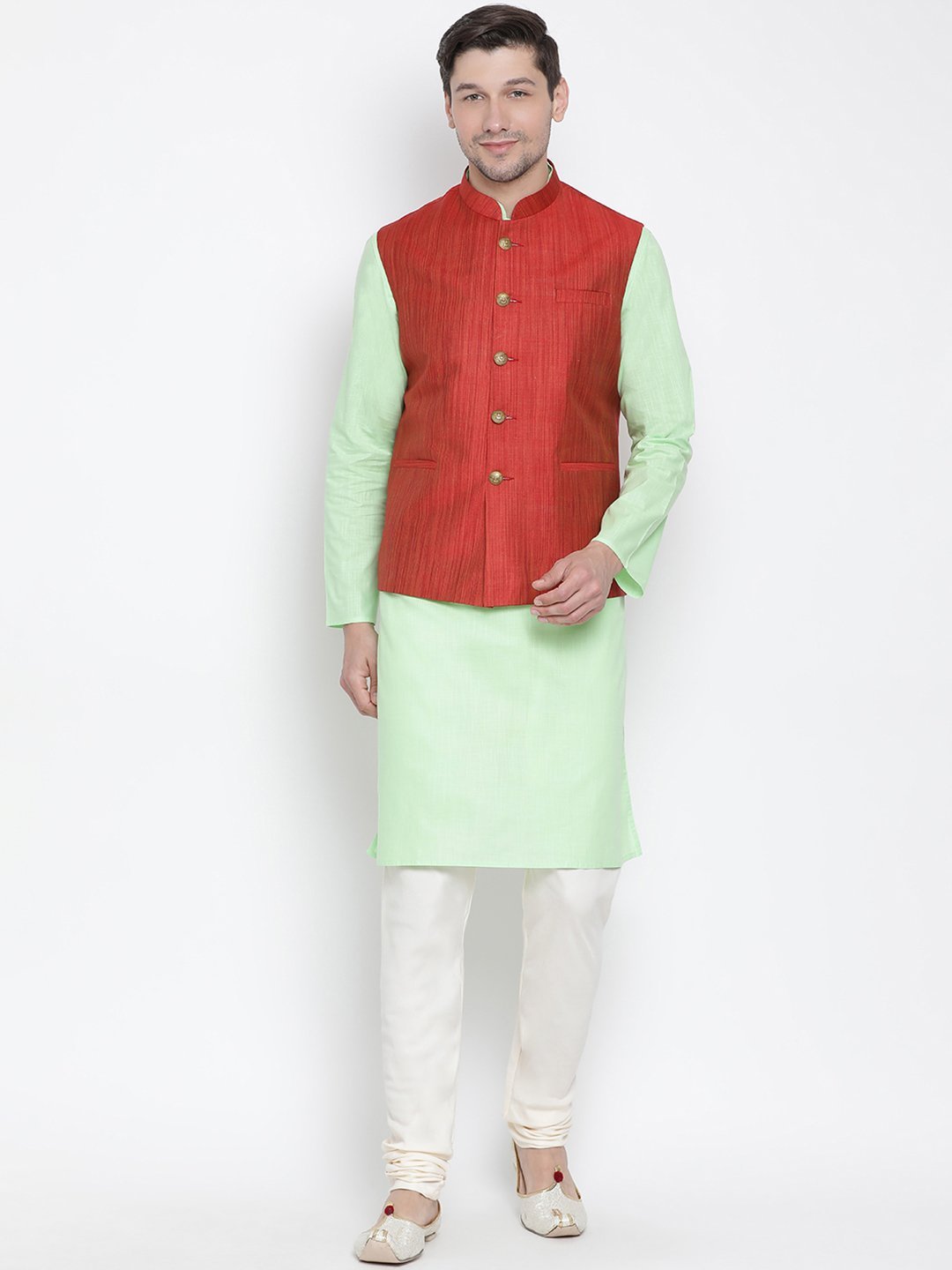 Sarvati Men's Light Green Cotton Blend Kurta, Ethnic Jacket and Pyjama Set