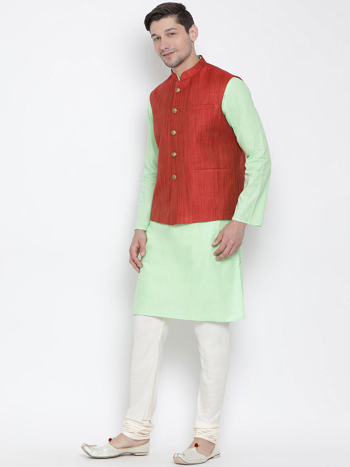 Sarvati Men's Light Green Cotton Blend Kurta, Ethnic Jacket and Pyjama Set