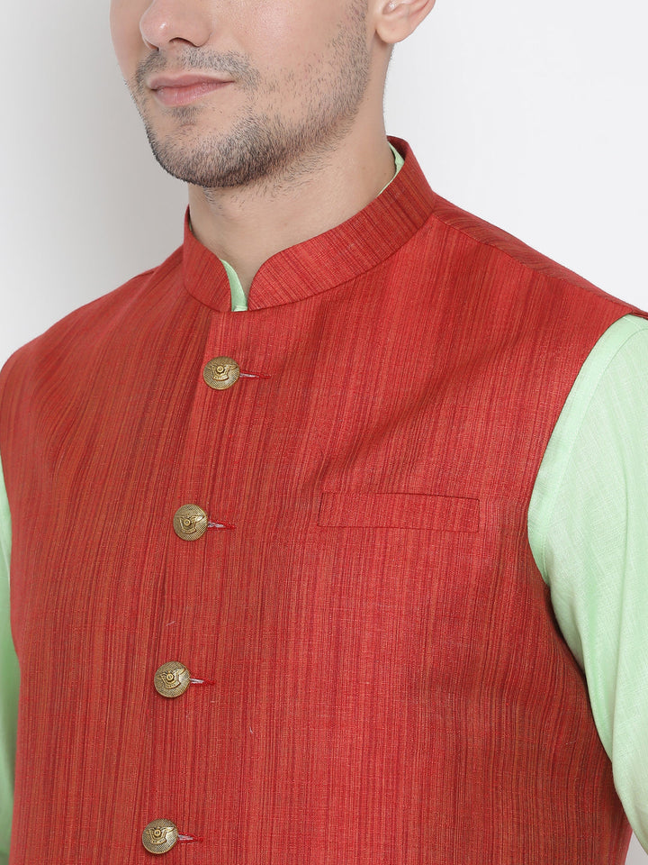 Sarvati Men's Light Green Cotton Blend Kurta, Ethnic Jacket and Pyjama Set