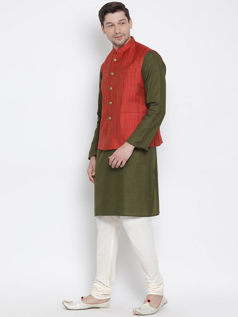 Sarvati Men's Green Cotton Blend Kurta, Ethnic Jacket and Pyjama Set