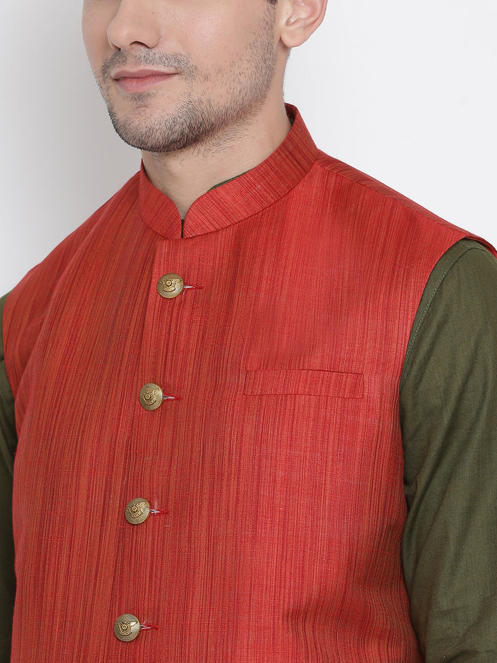 Sarvati Men's Green Cotton Blend Kurta, Ethnic Jacket and Pyjama Set