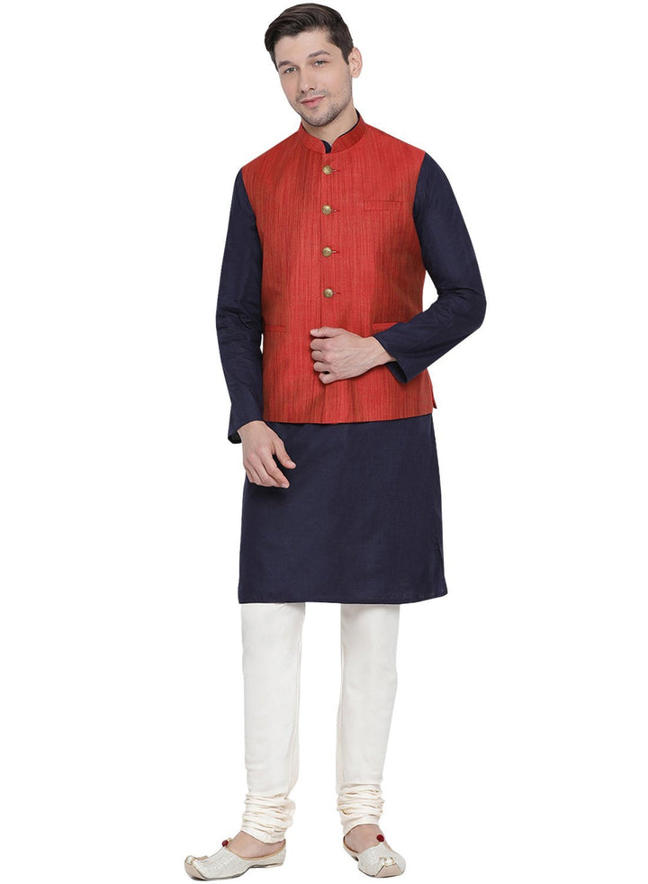 Sarvati Men's Dark Blue Cotton Blend Kurta, Ethnic Jacket and Pyjama Set