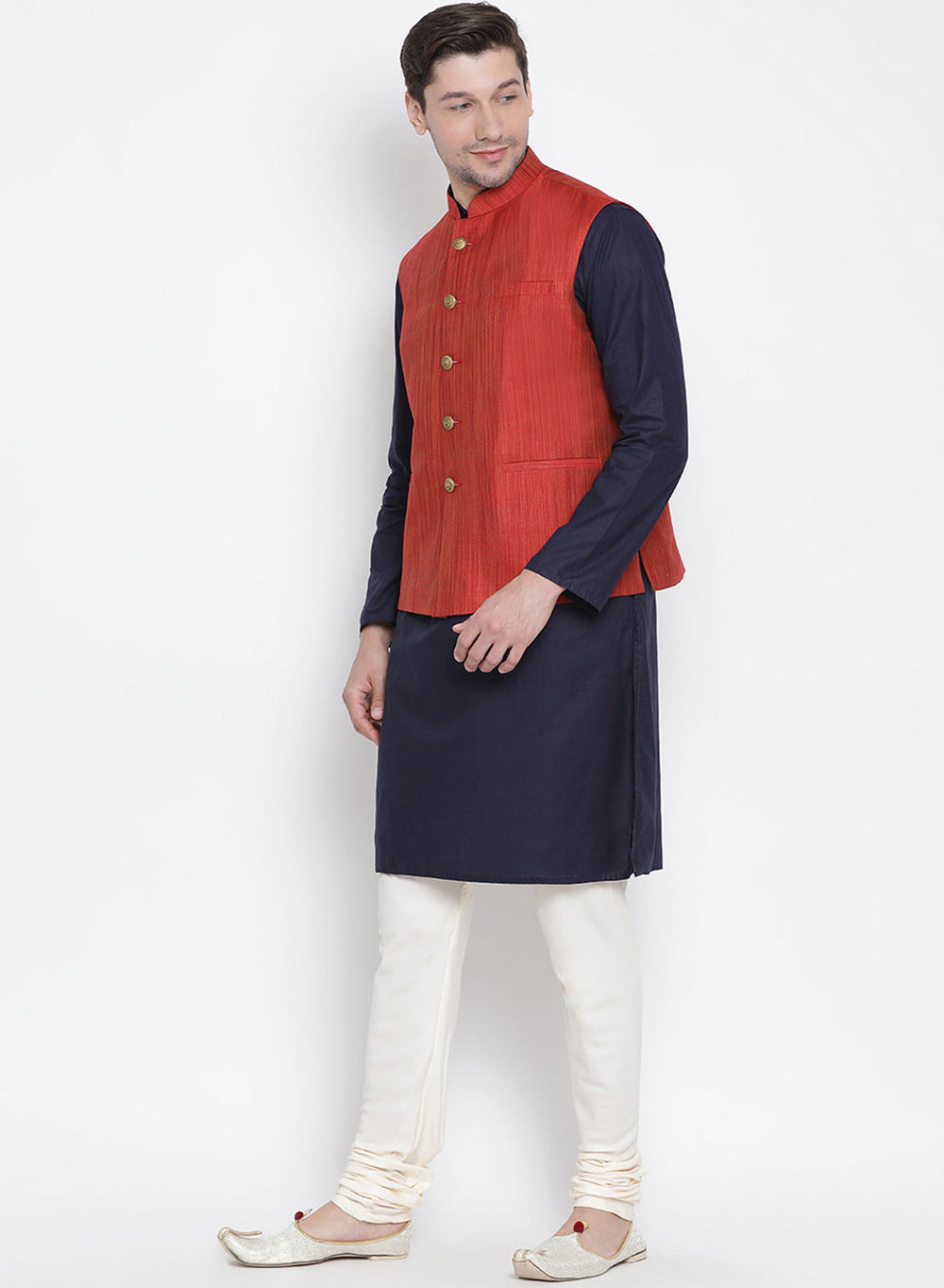 Sarvati Men's Dark Blue Cotton Blend Kurta, Ethnic Jacket and Pyjama Set