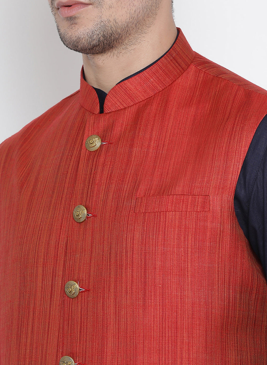 Sarvati Men's Dark Blue Cotton Blend Kurta, Ethnic Jacket and Pyjama Set