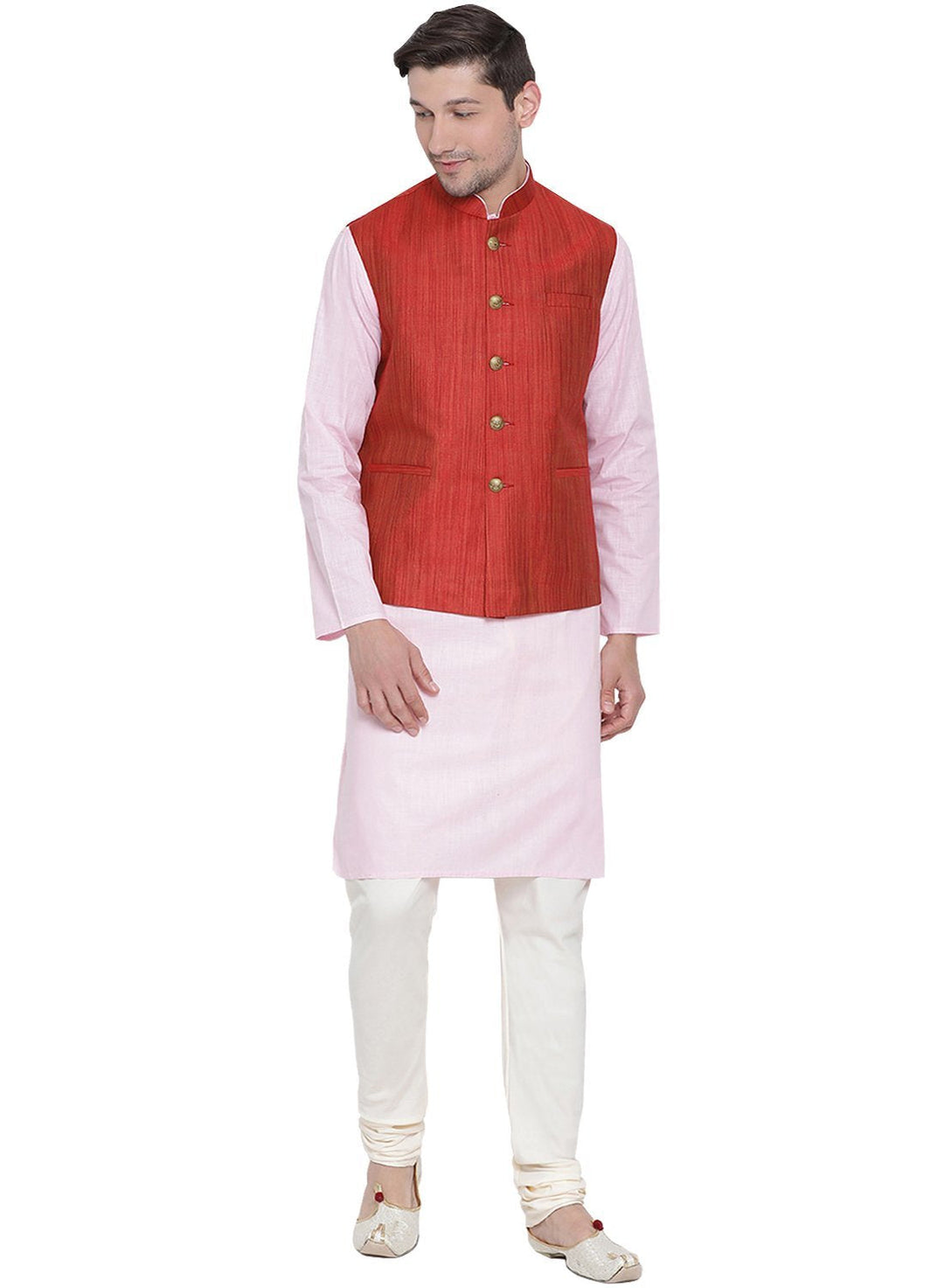 Sarvati Men's Pink Cotton Blend Kurta, Ethnic Jacket and Pyjama Set