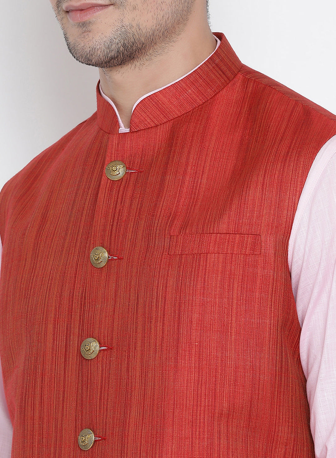 Sarvati Men's Pink Cotton Blend Kurta, Ethnic Jacket and Pyjama Set