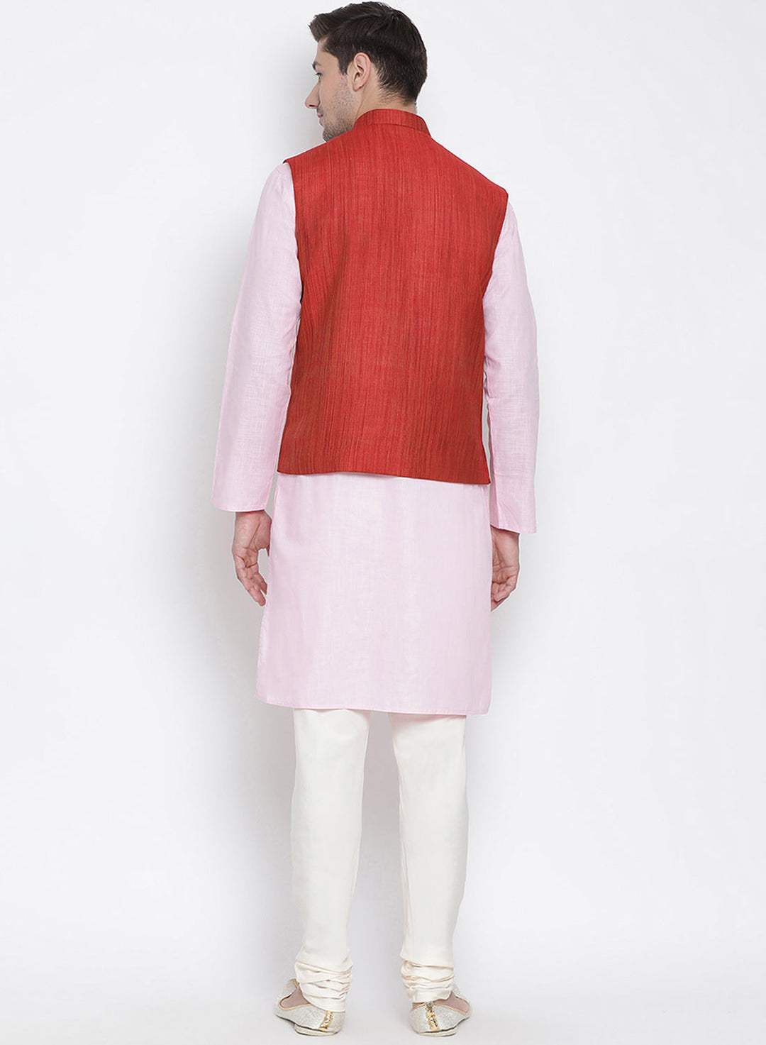 Sarvati Men's Pink Cotton Blend Kurta, Ethnic Jacket and Pyjama Set