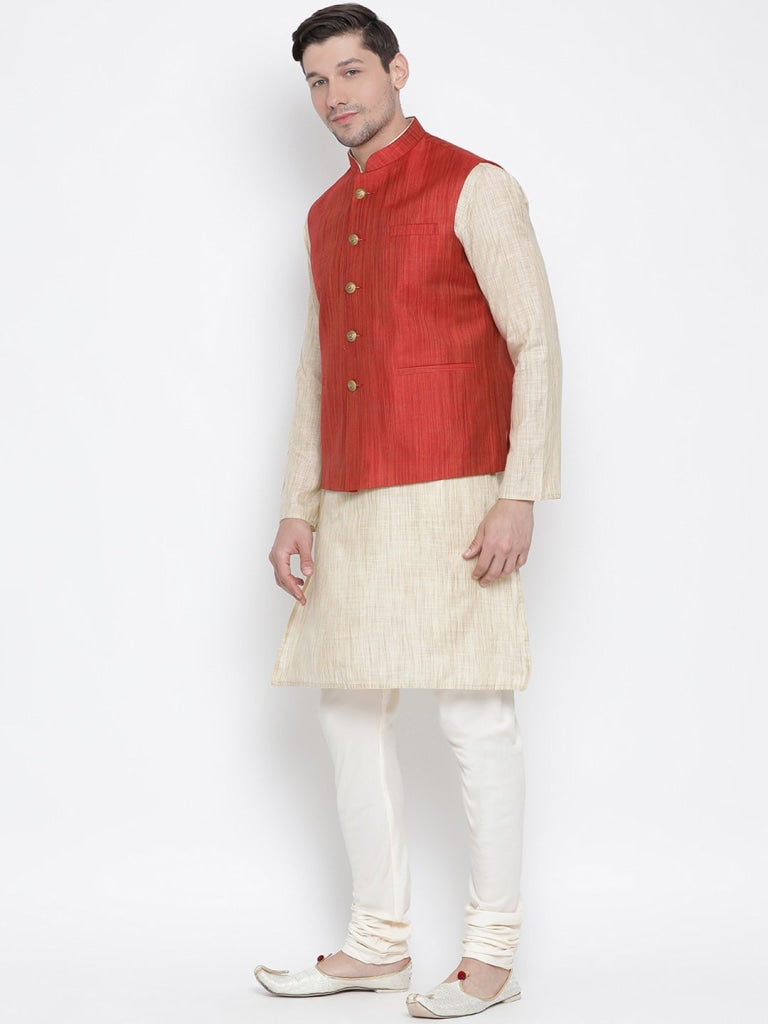 Sarvati Men's Beige Cotton Blend Kurta, Ethnic Jacket and Pyjama Set