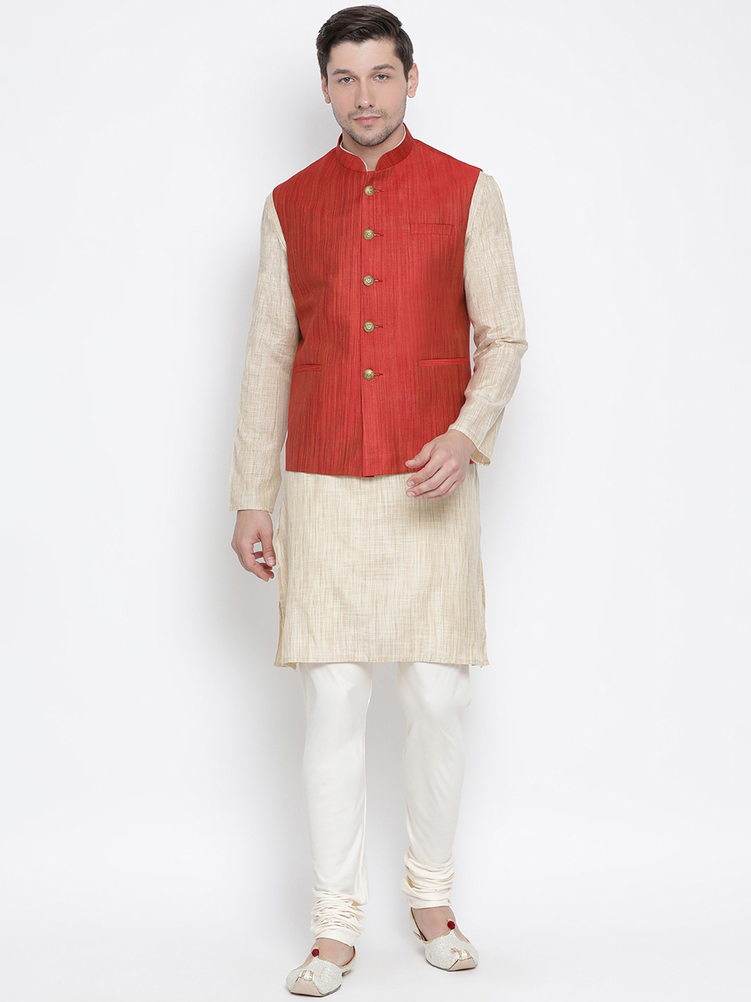 Sarvati Men's Beige Cotton Blend Kurta, Ethnic Jacket and Pyjama Set