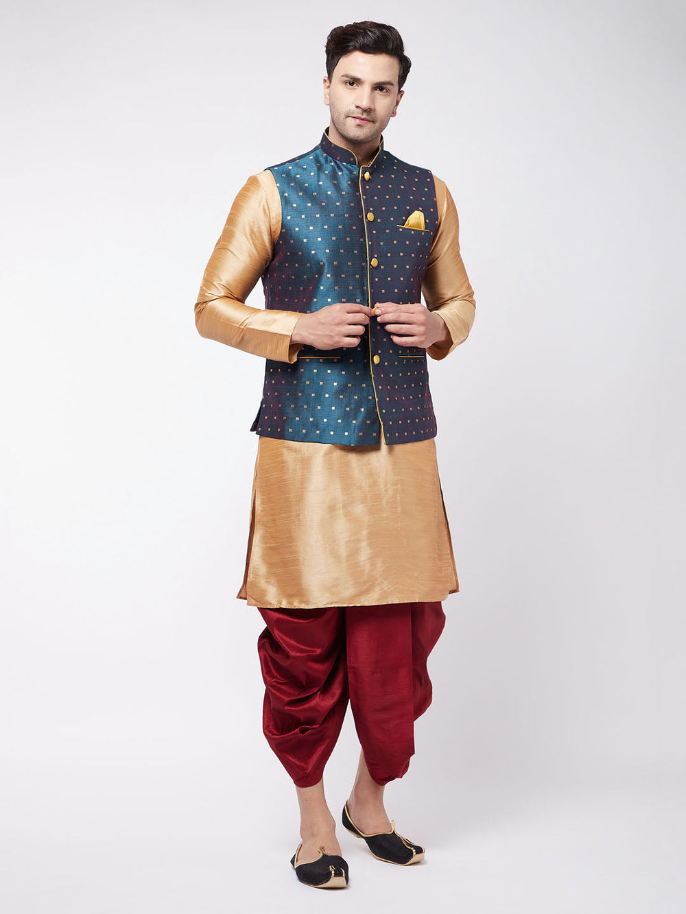 Sarvati Men's Blue Zari Weaved Jacket With Kurta Dhoti Set