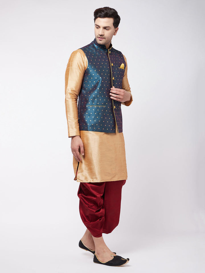 Sarvati Men's Blue Zari Weaved Jacket With Kurta Dhoti Set