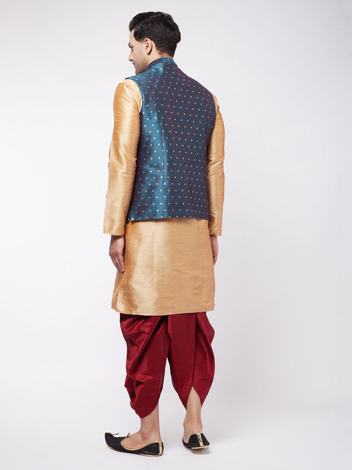 Sarvati Men's Blue Zari Weaved Jacket With Kurta Dhoti Set