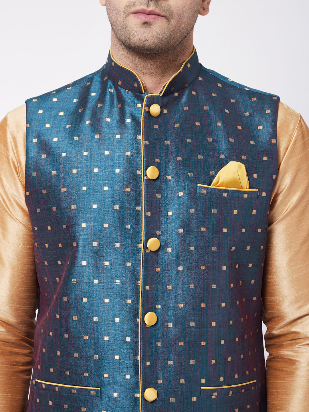 Sarvati Men's Blue Zari Weaved Jacket With Kurta Dhoti Set