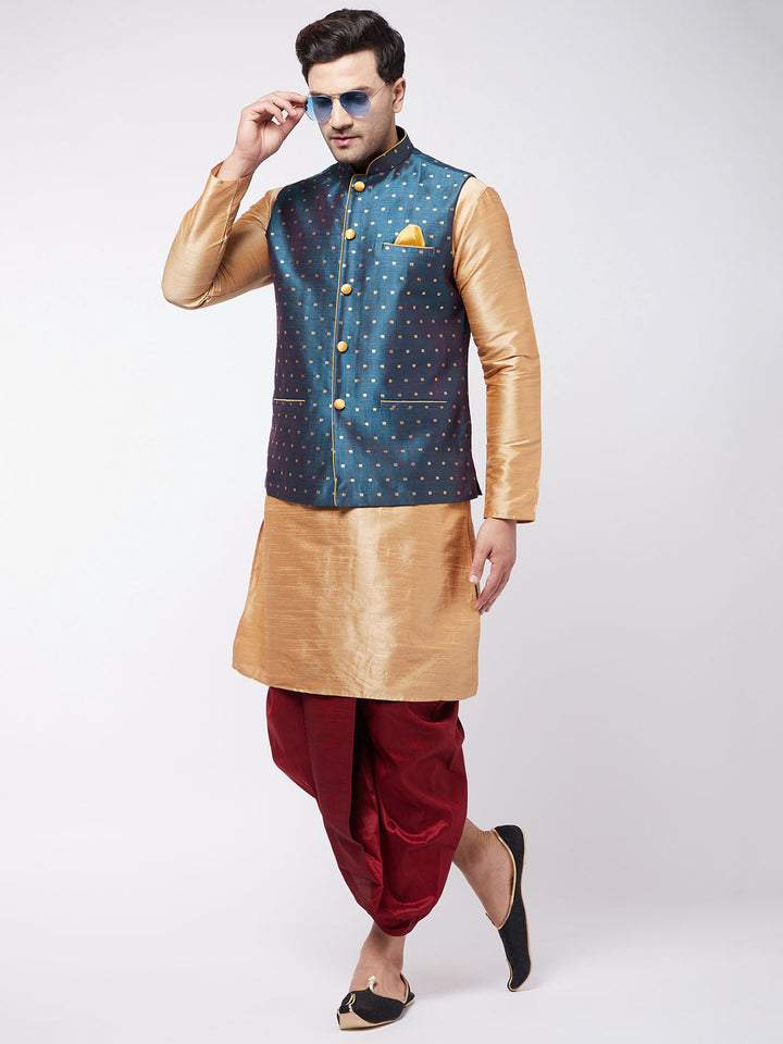 Sarvati Men's Blue Zari Weaved Jacket With Kurta Dhoti Set