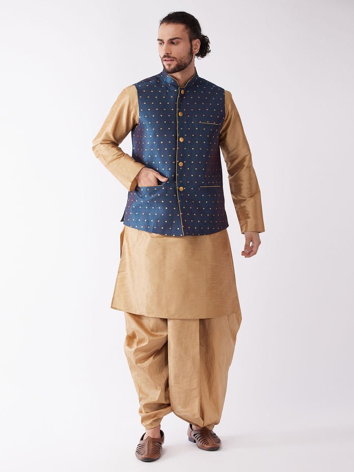 Sarvati Men's Blue Zari Weaved Jacket With Kurta Dhoti Set