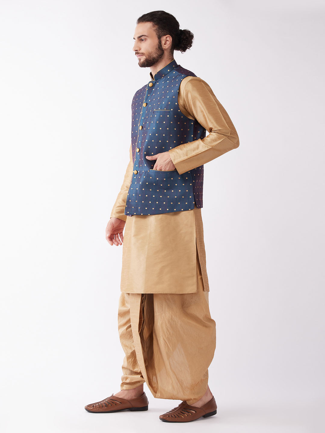 Sarvati Men's Blue Zari Weaved Jacket With Kurta Dhoti Set