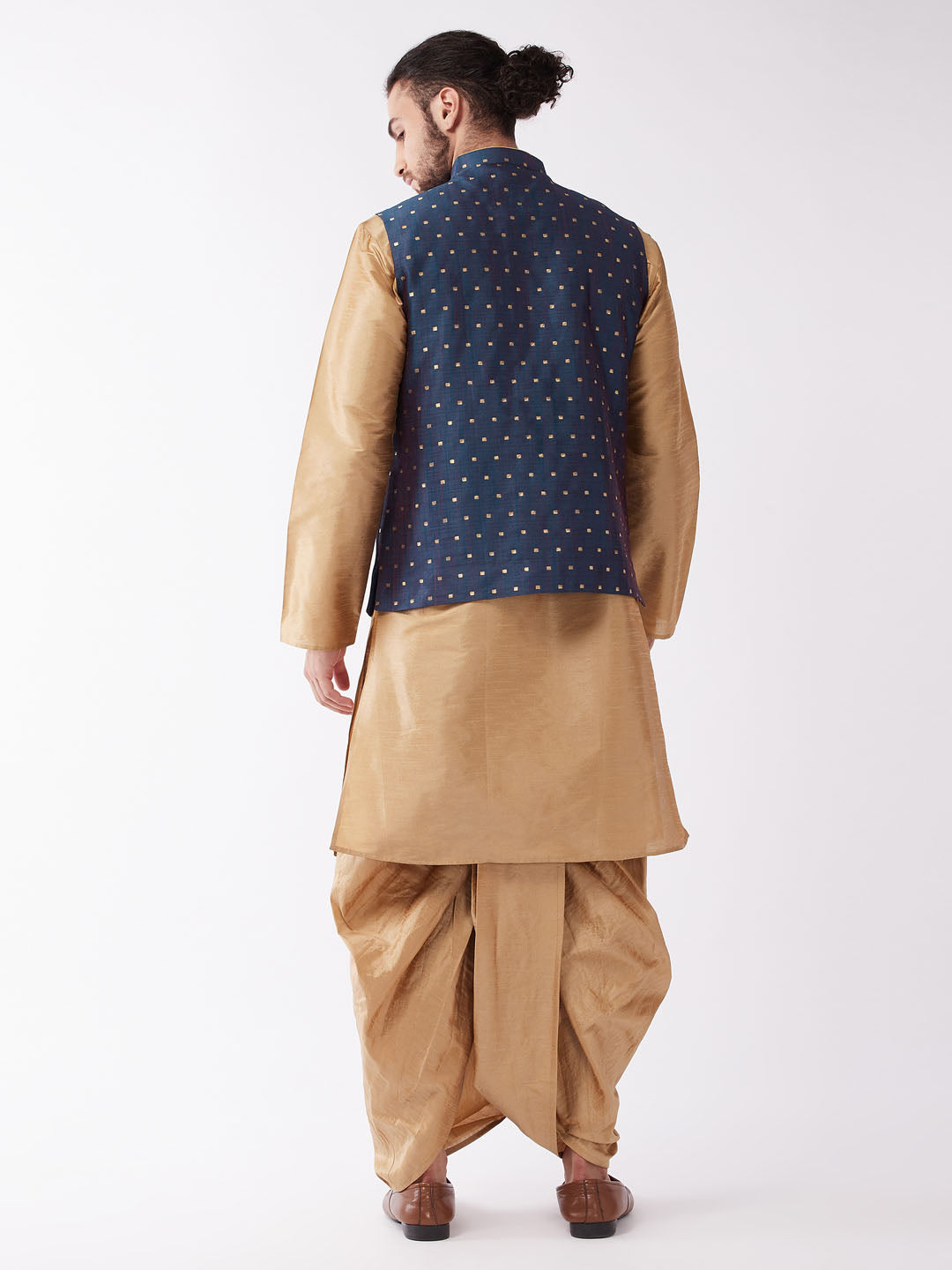 Sarvati Men's Blue Zari Weaved Jacket With Kurta Dhoti Set