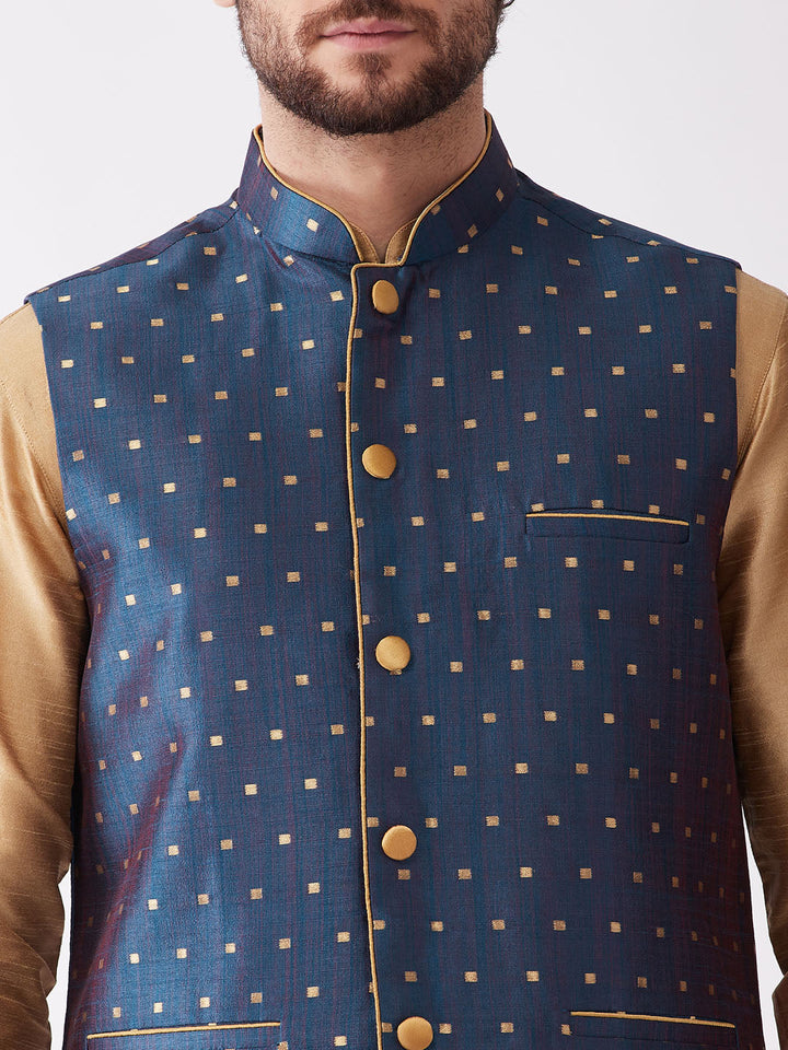 Sarvati Men's Blue Zari Weaved Jacket With Kurta Dhoti Set