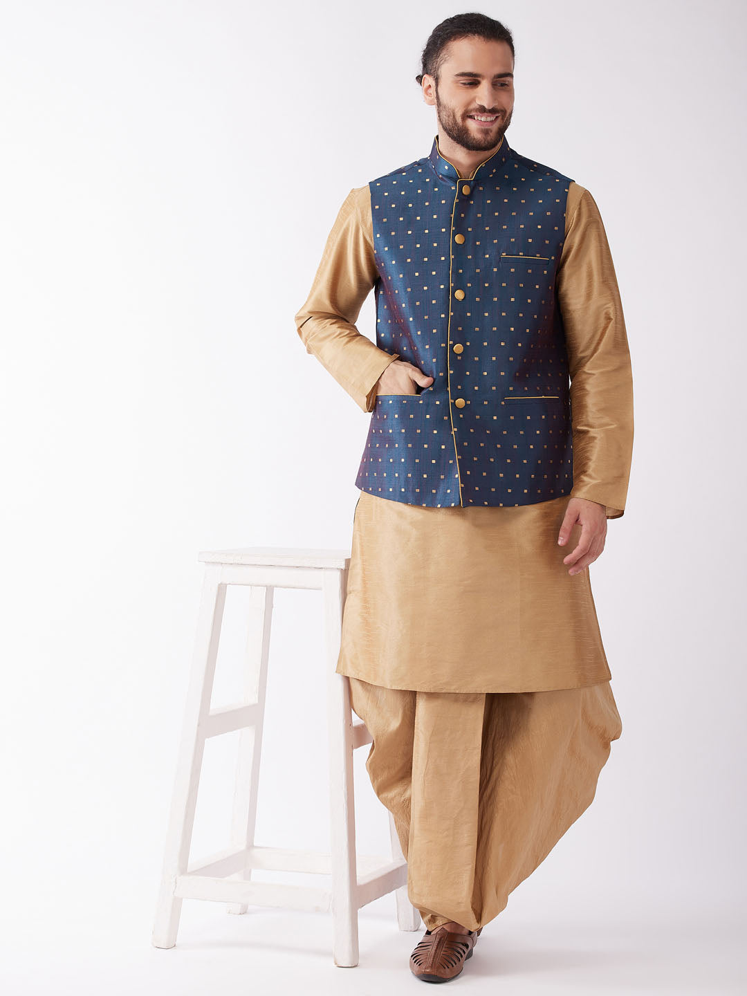 Sarvati Men's Blue Zari Weaved Jacket With Kurta Dhoti Set