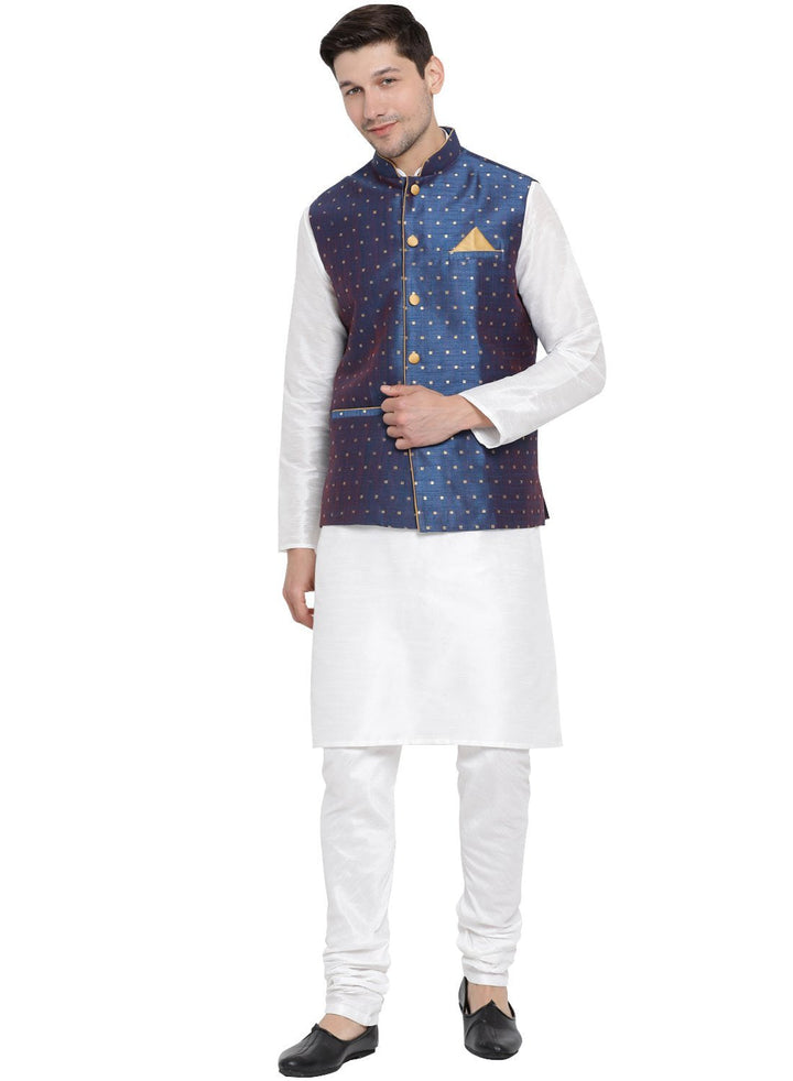 Sarvati Men's Blue Zari Weaved Jacket With Kurta Pyjama Set