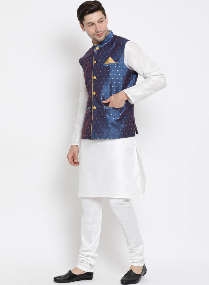 Sarvati Men's Blue Zari Weaved Jacket With Kurta Pyjama Set